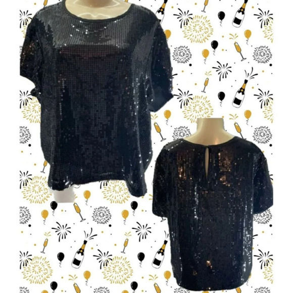 Torrid 0 Black Sequin Lined Crew Neck Keyhole Back Relaxed Fit Short Sleeve Top - Picture 1 of 6